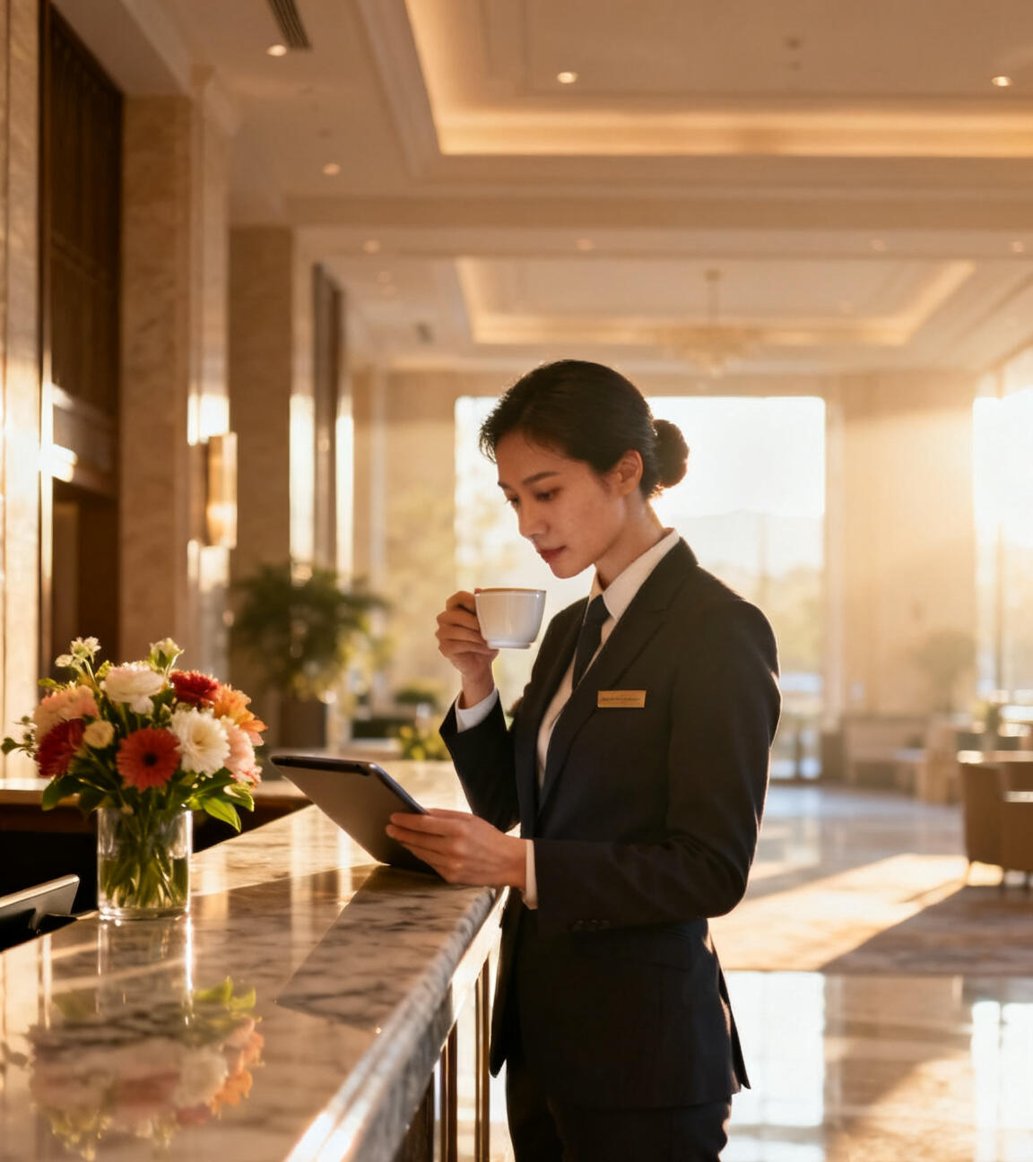 A general manager reviewing the morning briefing at the front desk